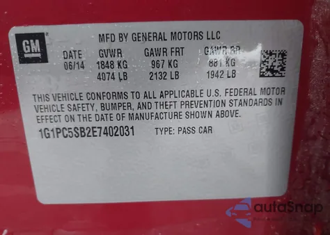 2014 Chevrolet Cruze 1Lt Auto из США, поврежденный, VIN 1G1PC5SB2E7402031